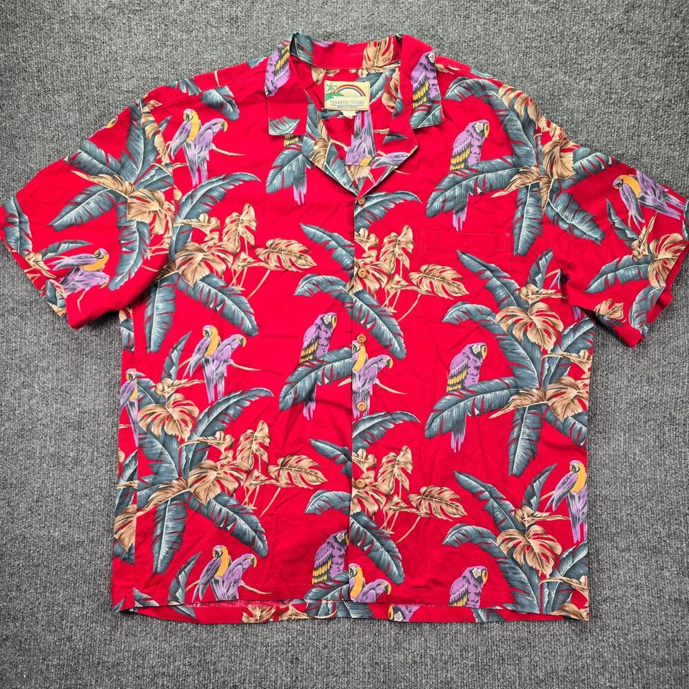 Vintage Paradise Found Hawaiian Shirt Mens XL Red Parrot Jungle Bird Magnum PI - Picture 1 of 5